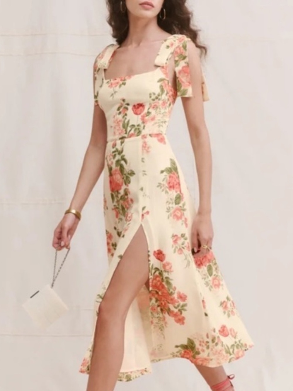 New Reformation Twilight Midi Dress Corsage Cream Pink Floral Print Four
